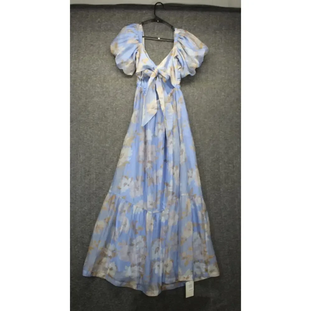 A&F Emerson Drama floral Bow-Back puff sleeve organza tiered Maxi Dress Sz Small